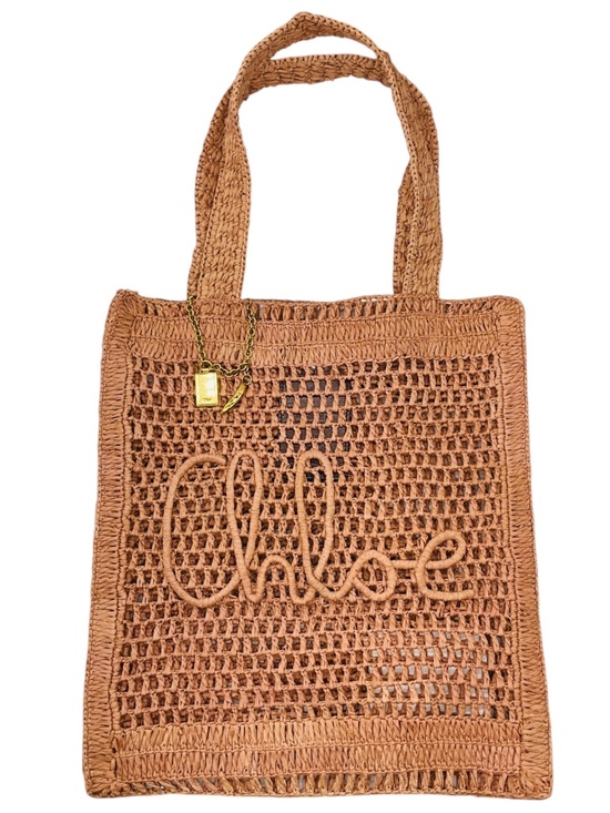 Chloe Handbags - CHLOE SUMMERY BEIGE SUMMER BANANA LOGO RAFFIA CROCHET TOTE BAG